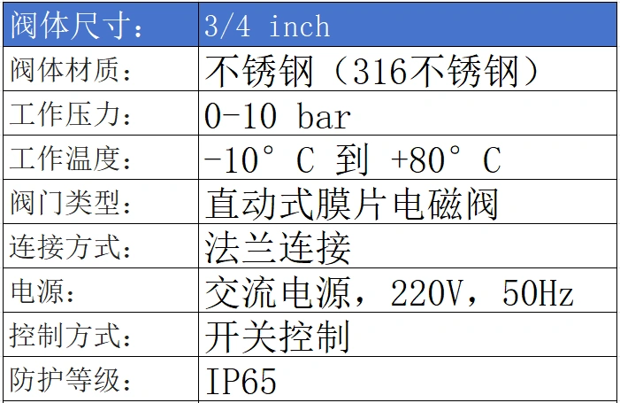 進(jìn)口膜片式電磁閥參數(shù)